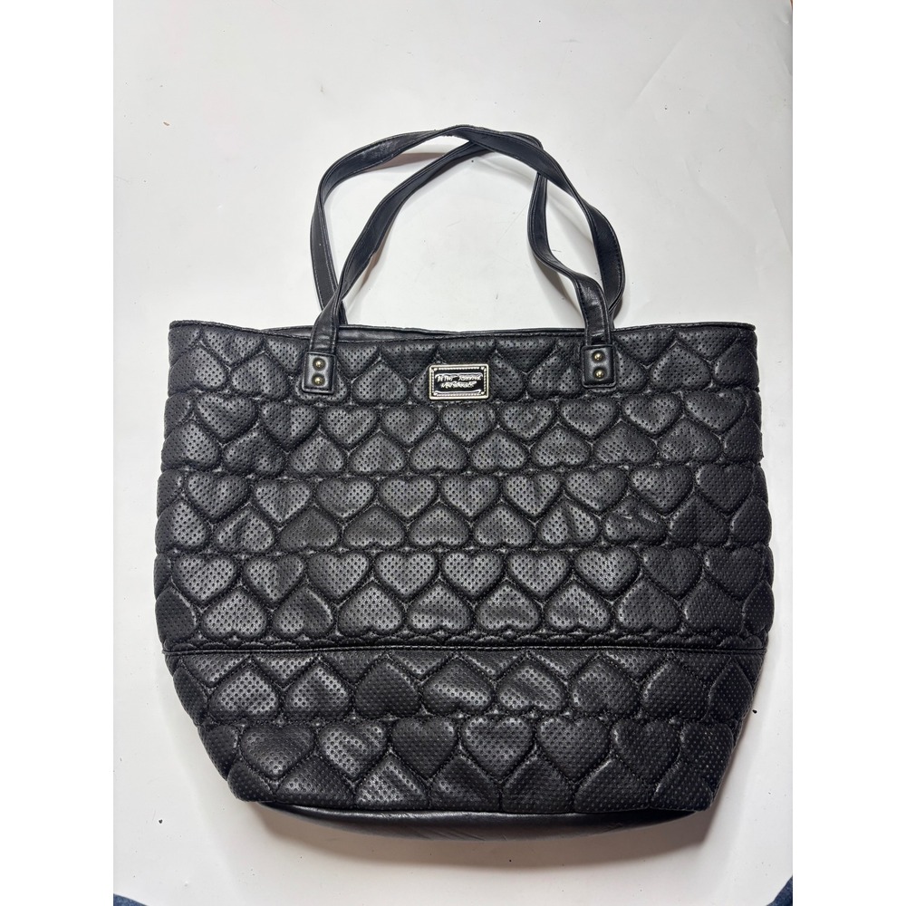 Betsey Johnson Black Perforated Heart Quilted Tote Bag Shoulder Purse Large